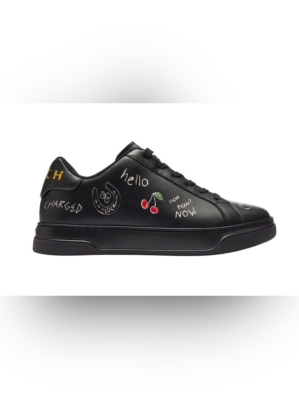 Coach Mens Black High Line Low-Top Sneakers w. Cherry & Script Graphics Size 9D